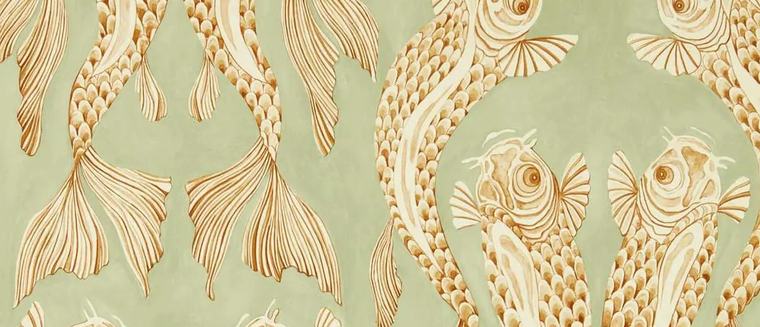Sage green wallcovering with gold koi swimming in pairs